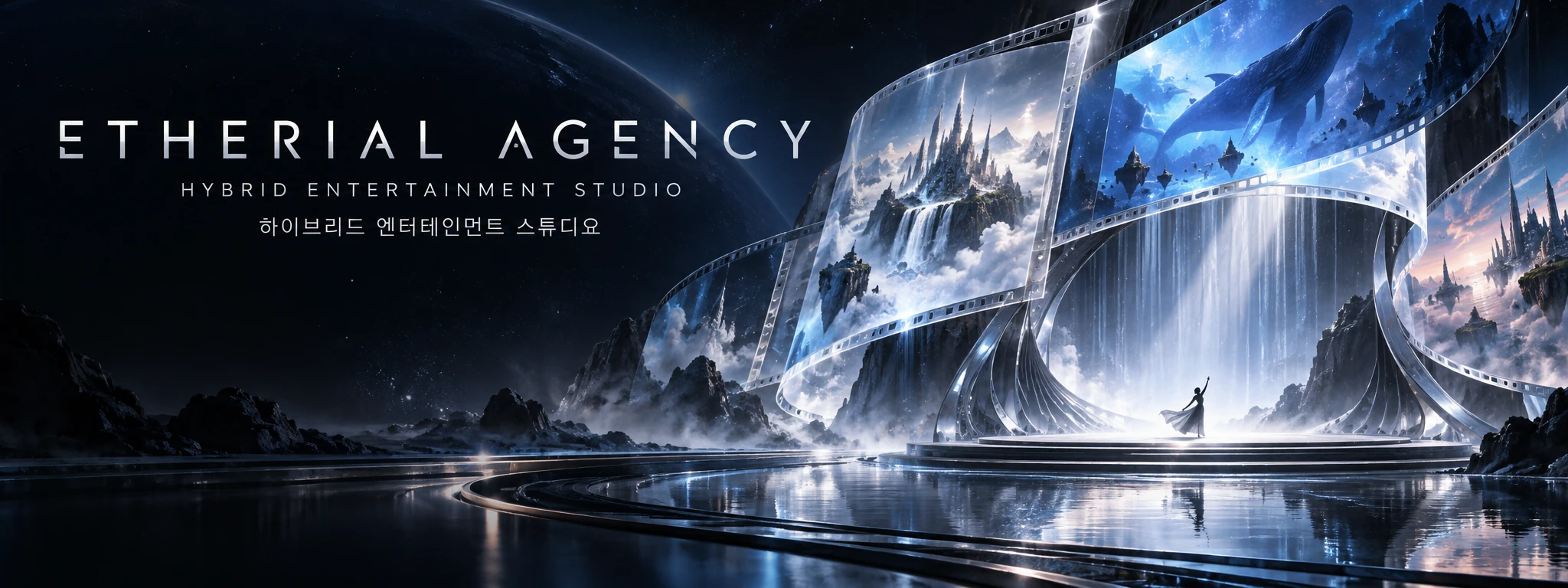 A cinematic world of silver film ribbons, waterfalls and blue light. Etherial Agency, Hybrid Entertainment Studio. 하이브리드 엔터테인먼트 스튜디오.